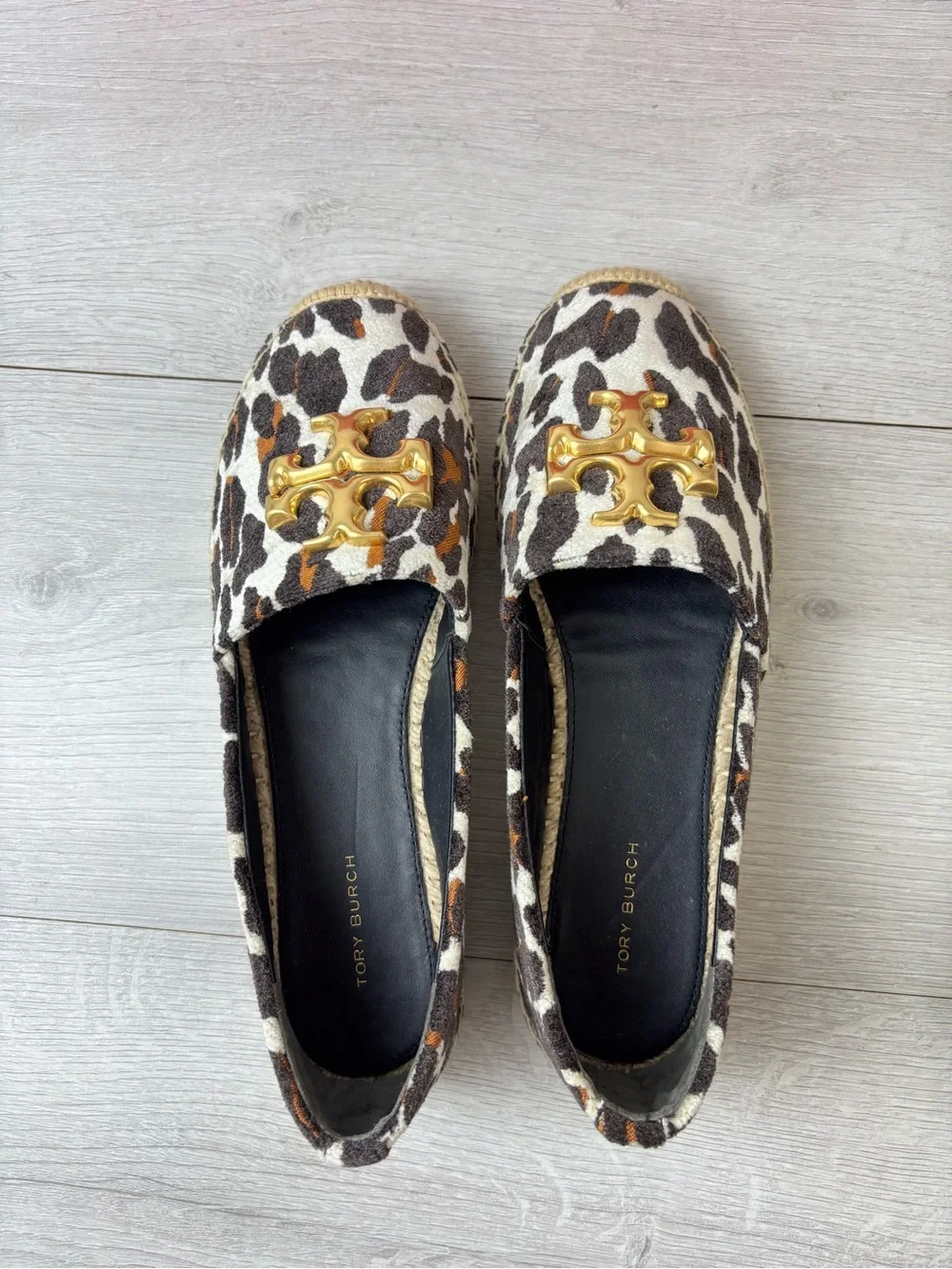 Tory Burch Eleanor Leopard Print Velvet Espadrilles Gold Logo Size 8.5 NIB